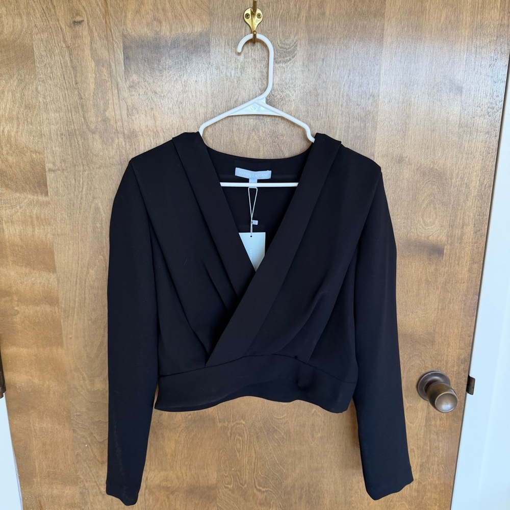 NWT ANTONIO MELANI Black Cropped Wrap-Front Long Sleeve Top